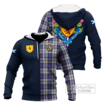 MacPherson Dress Blue Tartan Knitted Hoodie Alba with Scottish Lion Royal Arm Half Style