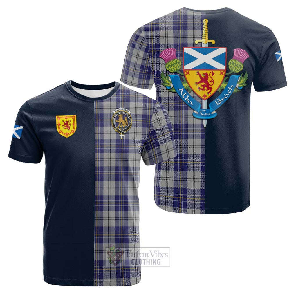 Tartan Vibes Clothing MacPherson Dress Blue Tartan Cotton T-shirt with Scottish Lion Royal Arm Half Style