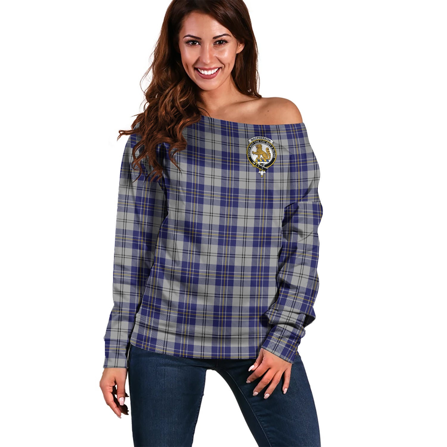 MacPherson Dress Blue Tartan Off Shoulder Women Sweater with Family Crest Women - Tartanvibesclothing