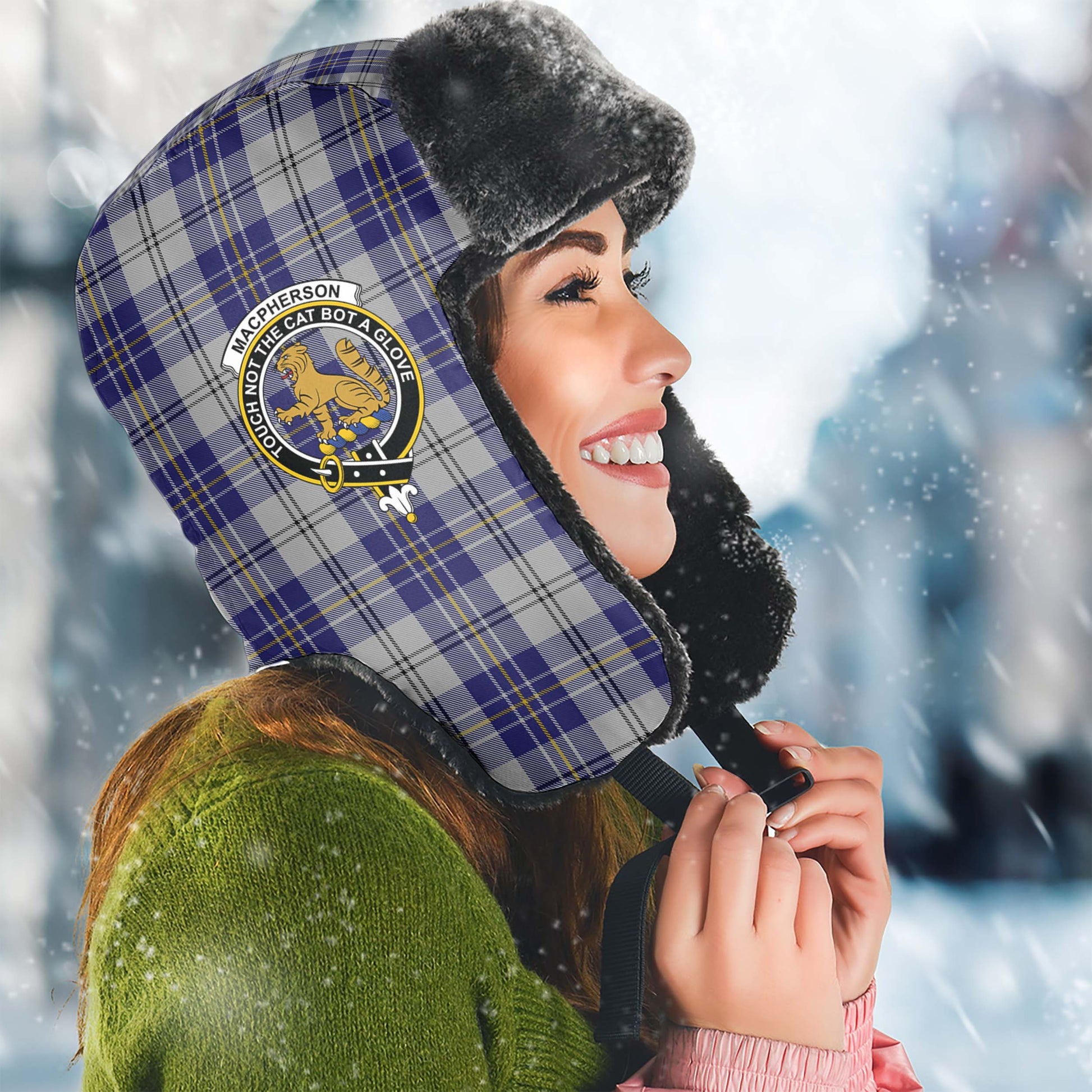 MacPherson Dress Blue Tartan Winter Trapper Hat with Family Crest Winter Trapper Hat Universal Fit Circumference 22.8in (58cm) - Tartanvibesclothing