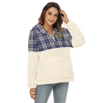 MacPherson Dress Blue Tartan Women's Borg Fleece Hoodie With Half Zip with Family Crest