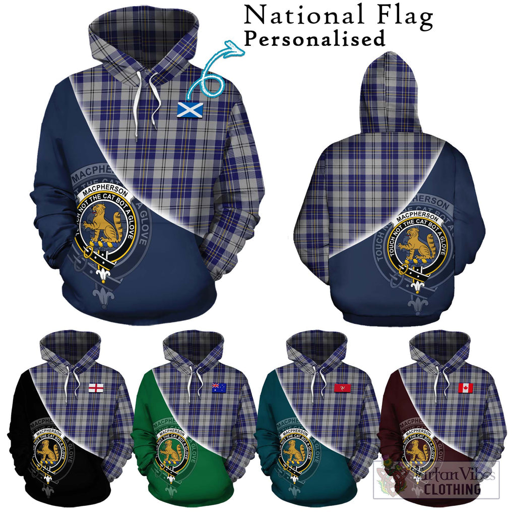 MacPherson Dress Blue Tartan Hoodie with Personalised National Flag and Family Crest Half Style Zip Hoodie - Tartanvibesclothing Shop