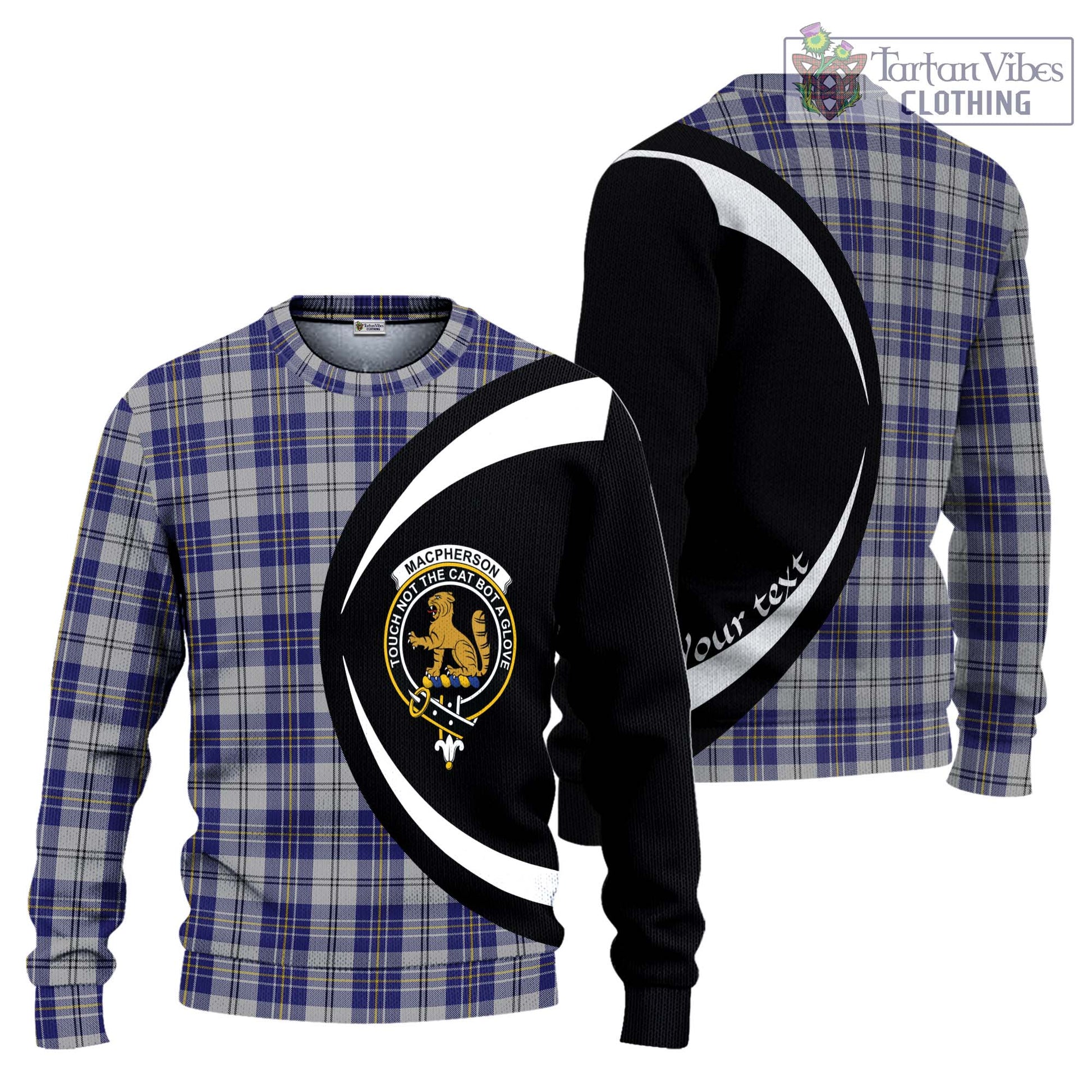 MacPherson Dress Blue Tartan Knitted Sweater with Family Crest Circle Style Unisex - Tartan Vibes Clothing