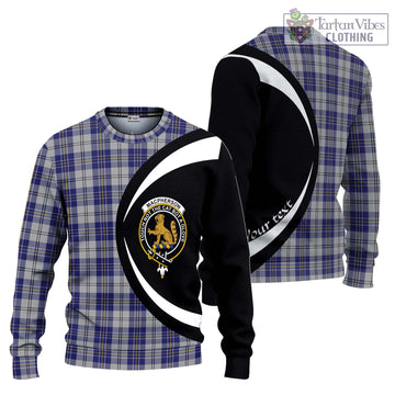 MacPherson Dress Blue Tartan Ugly Sweater with Family Crest Circle Style