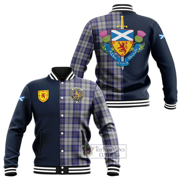 MacPherson Dress Blue Tartan Baseball Jacket Alba with Scottish Lion Royal Arm Half Style