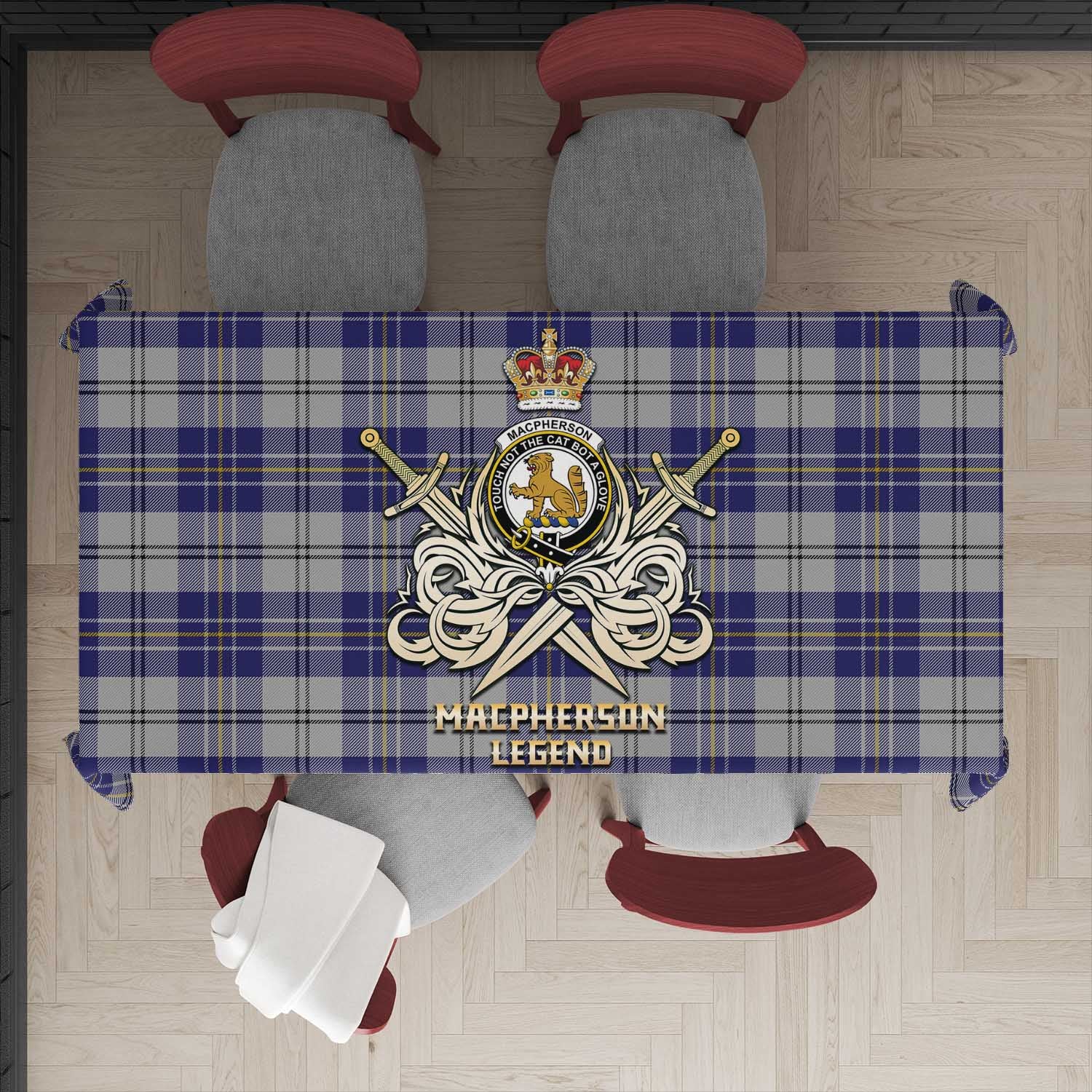 Tartan Vibes Clothing MacPherson Dress Blue Tartan Tablecloth with Clan Crest and the Golden Sword of Courageous Legacy