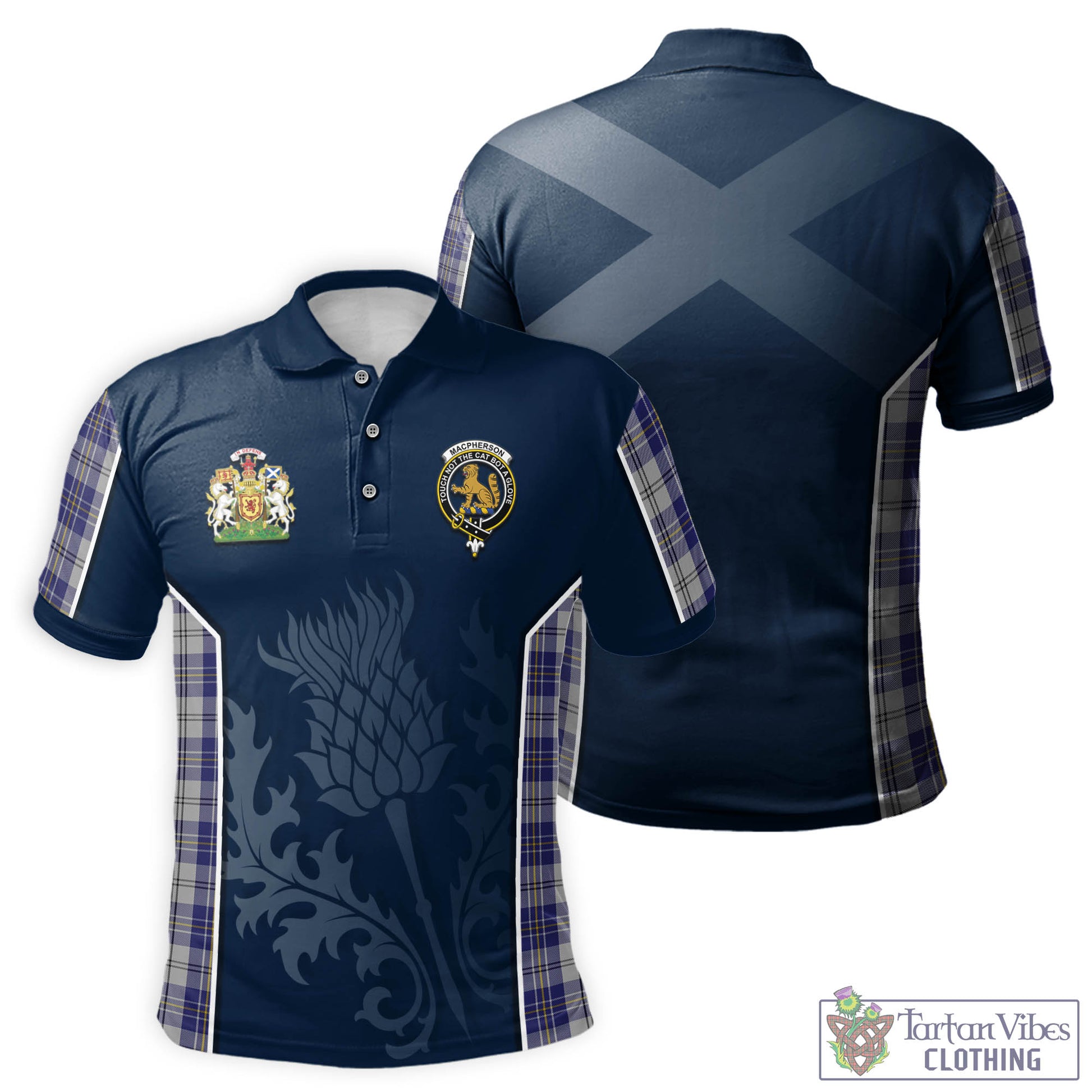 Tartan Vibes Clothing MacPherson Dress Blue Tartan Men's Polo Shirt with Family Crest and Scottish Thistle Vibes Sport Style