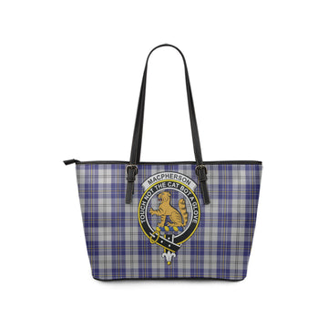 MacPherson Dress Blue Tartan Leather Tote Bag with Family Crest