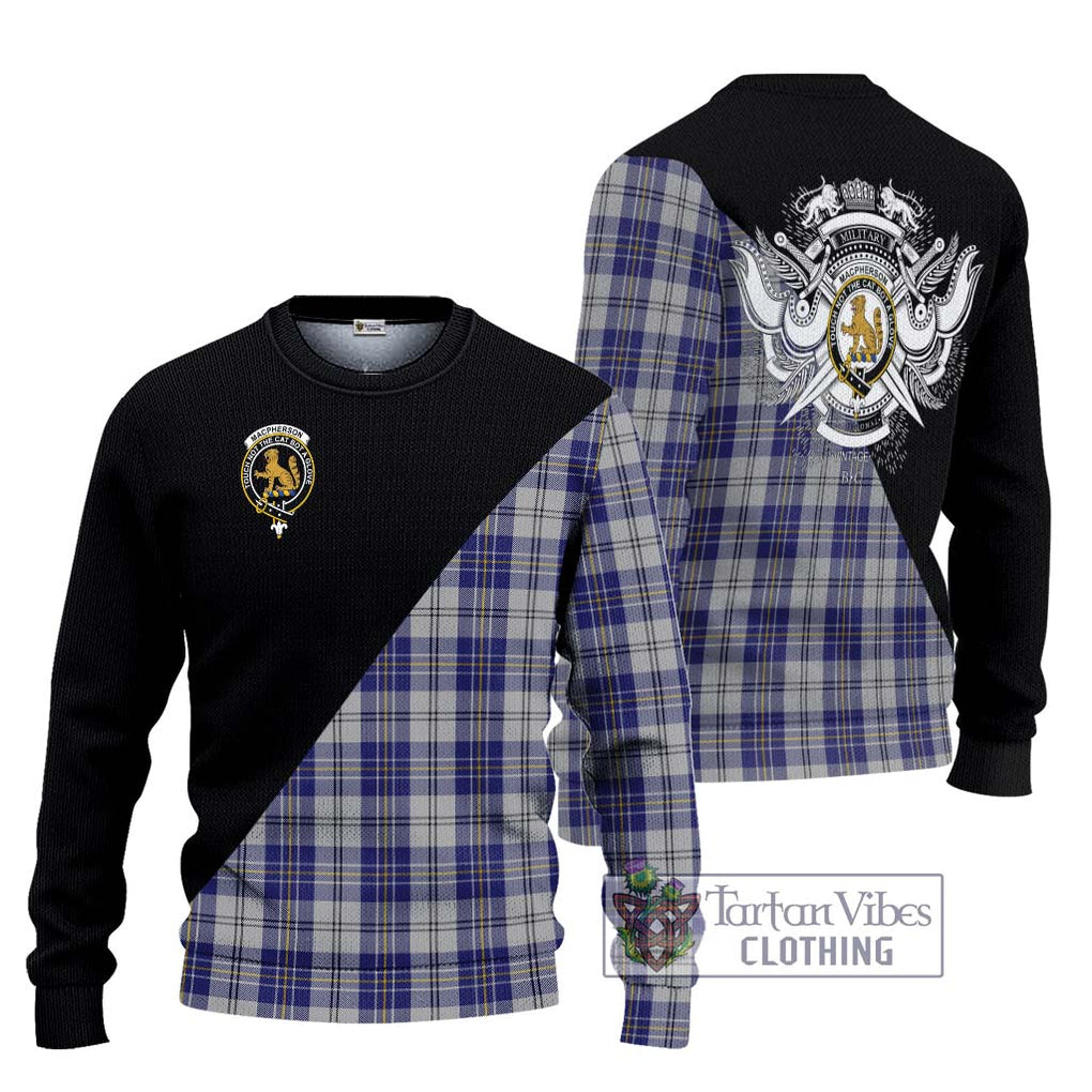 MacPherson Dress Blue Tartan Knitted Sweater with Family Crest and Military Logo Style Unisex - Tartanvibesclothing Shop