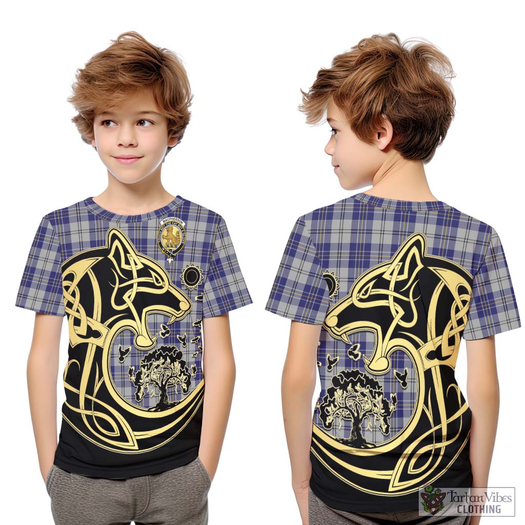 Tartan Vibes Clothing MacPherson Dress Blue Tartan Kid T-Shirt with Family Crest Celtic Wolf Style