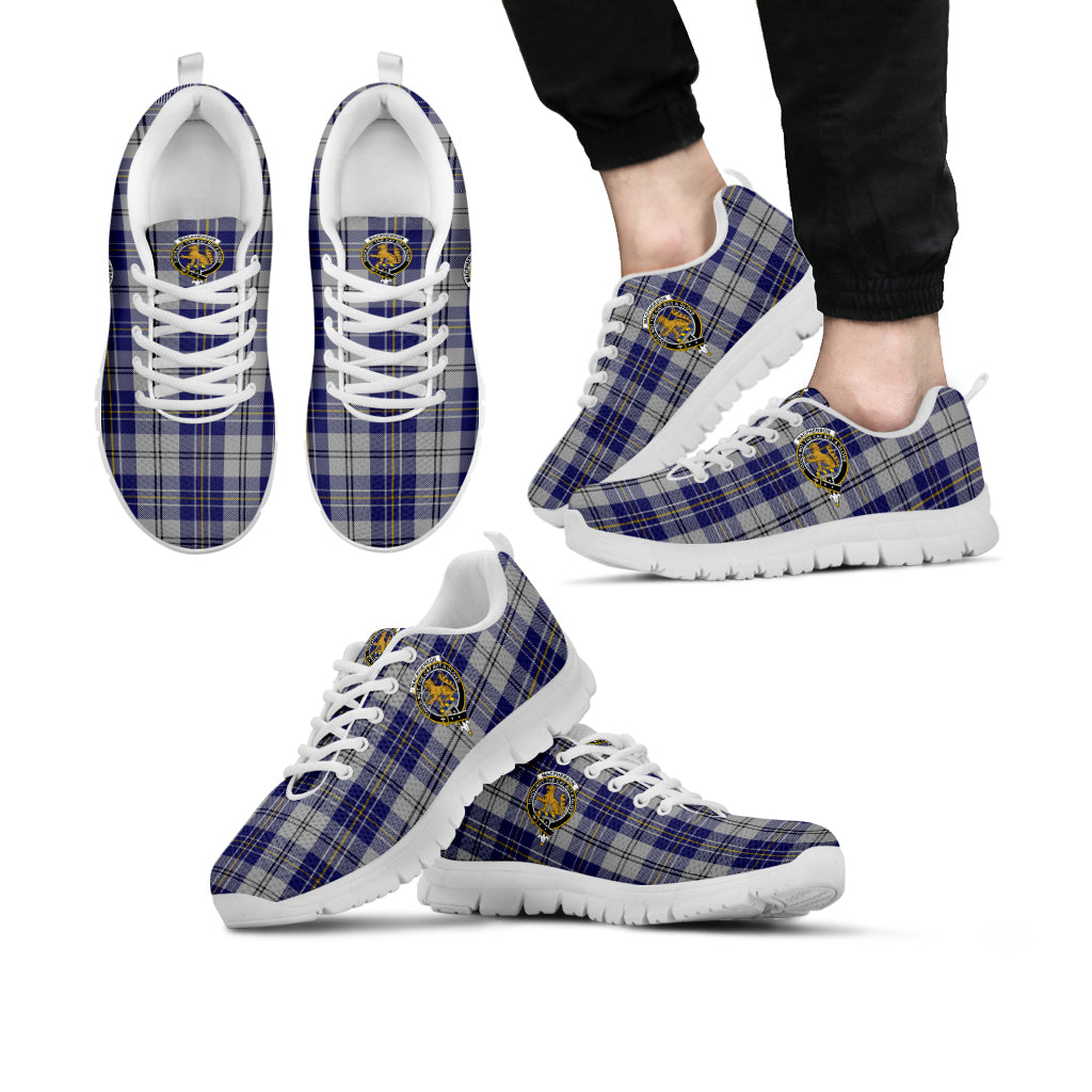 MacPherson Dress Blue Tartan Sneakers with Family Crest Kid's Sneakers - Tartan Vibes Clothing