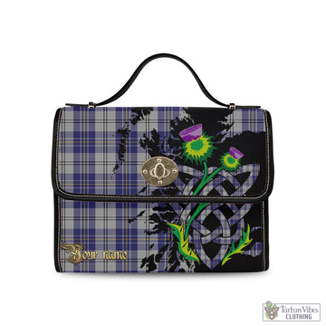 MacPherson Dress Blue Tartan Waterproof Canvas Bag with Scotland Map and Thistle Celtic Accents