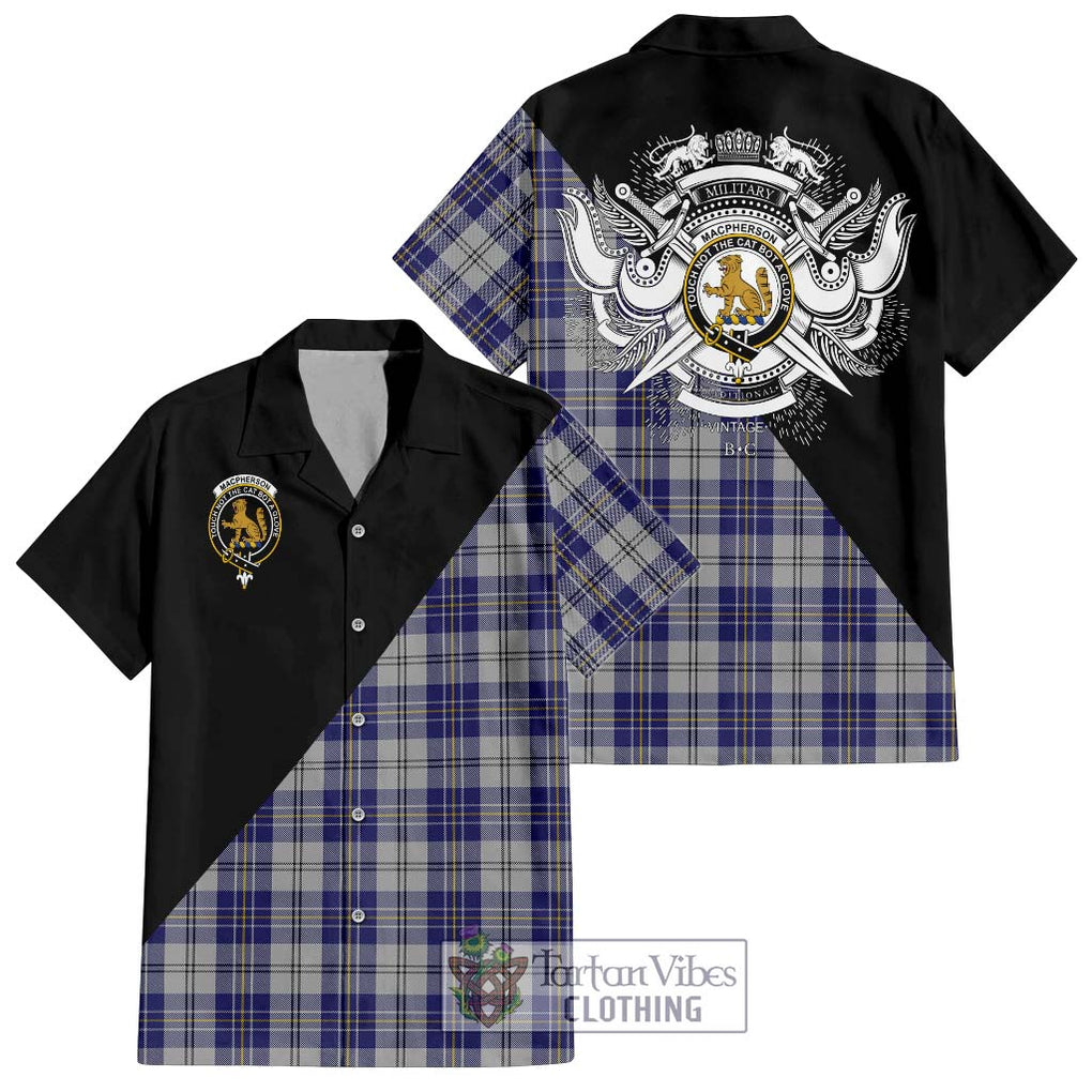 MacPherson Dress Blue Tartan Short Sleeve Button Shirt with Family Crest and Military Logo Style Kid - Tartanvibesclothing Shop