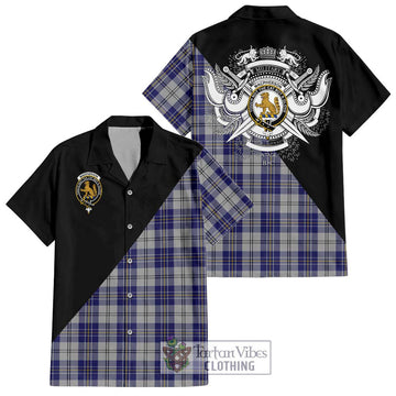 MacPherson Dress Blue Tartan Short Sleeve Button Shirt with Family Crest and Military Logo Style