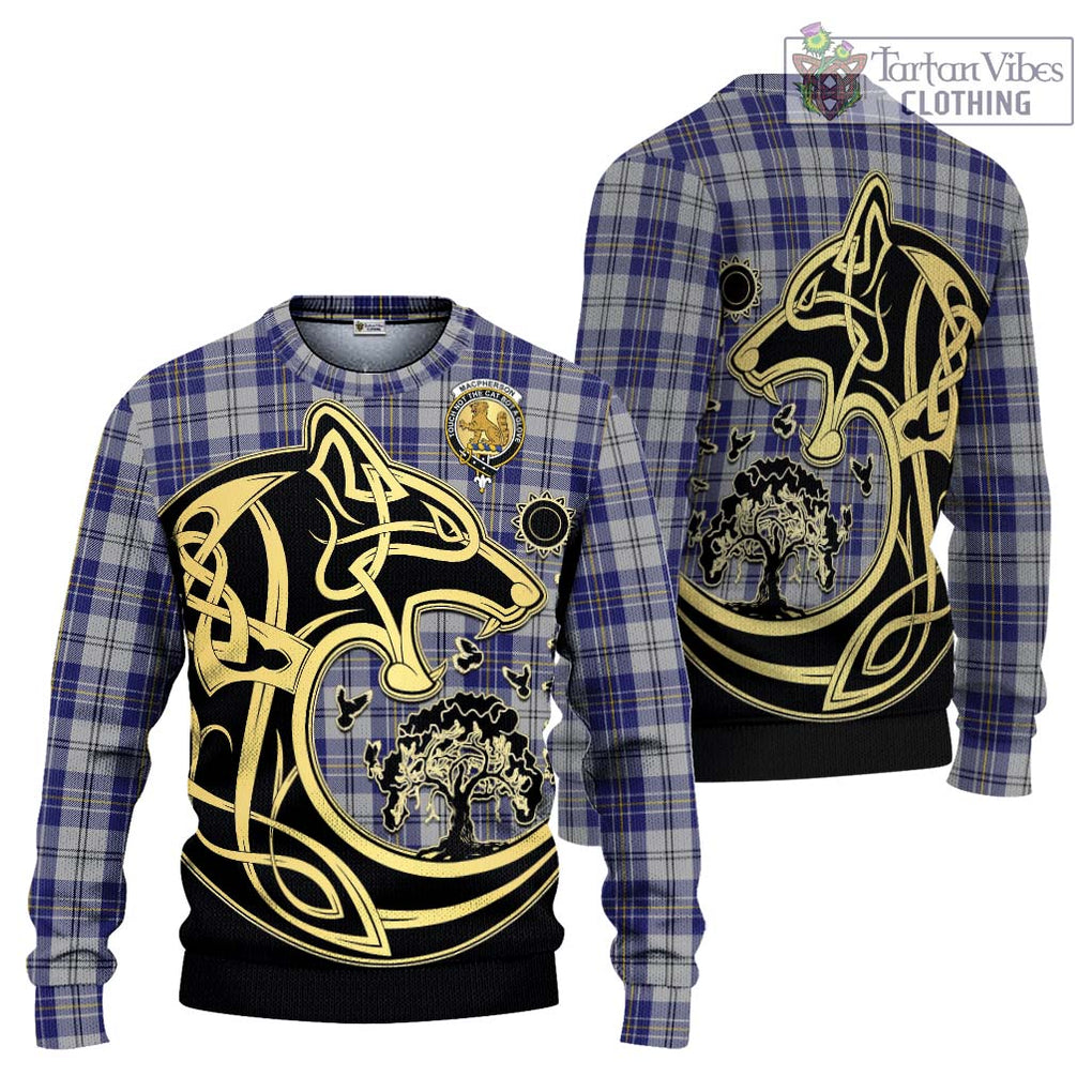 MacPherson Dress Blue Tartan Knitted Sweater with Family Crest Celtic Wolf Style Unisex - Tartan Vibes Clothing