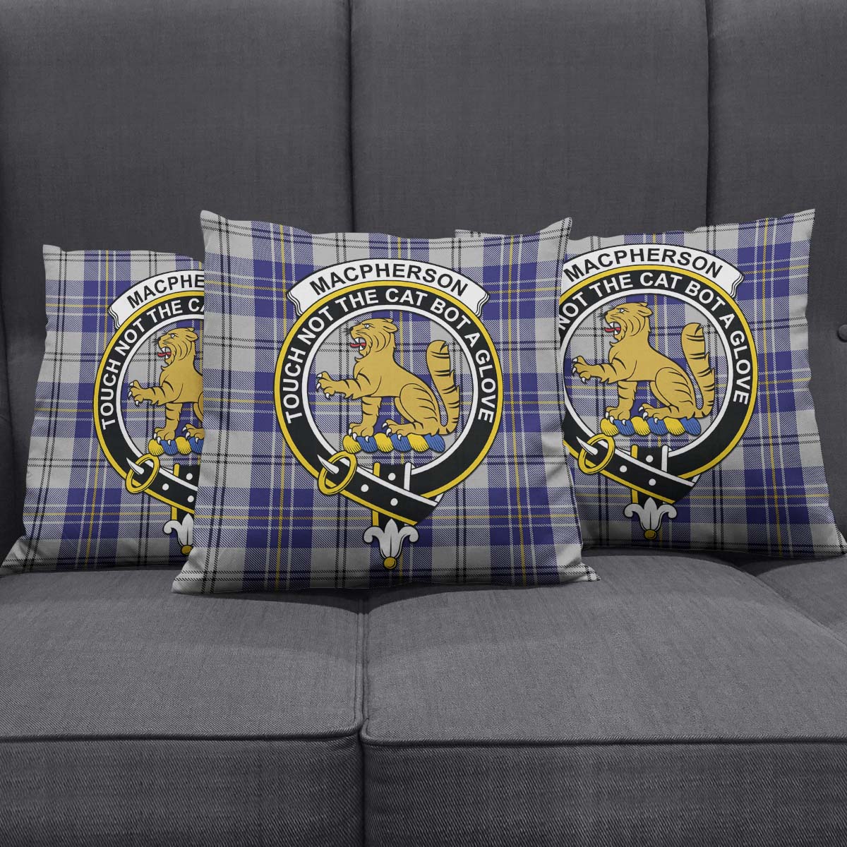 MacPherson Dress Blue Tartan Pillow Cover with Family Crest Square Pillow Cover - Tartanvibesclothing