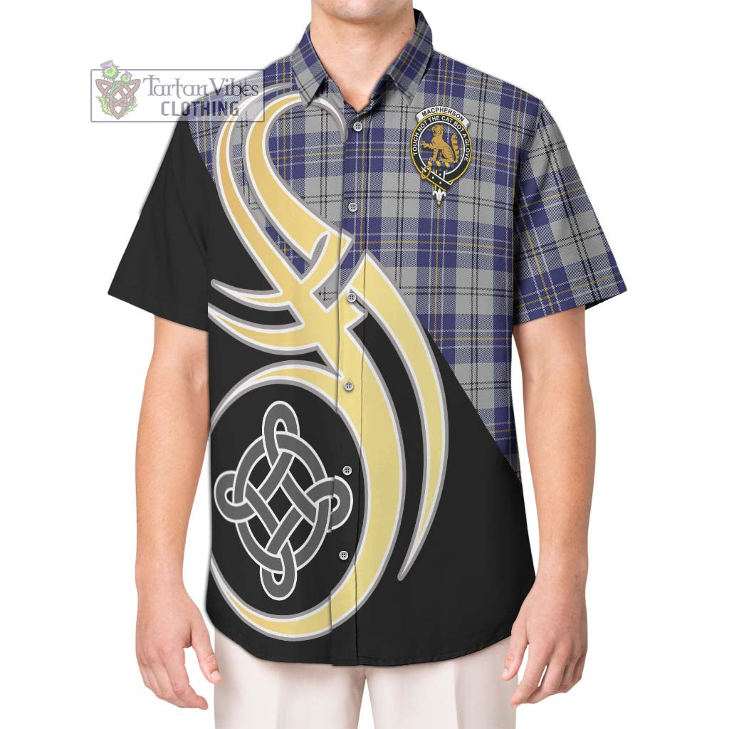 MacPherson Dress Blue Tartan Short Sleeve Button Shirt with Family Crest and Celtic Symbol Style Kid - Tartan Vibes Clothing