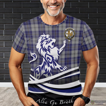 MacPherson Dress Blue Tartan T-Shirt with Alba Gu Brath Regal Lion Emblem