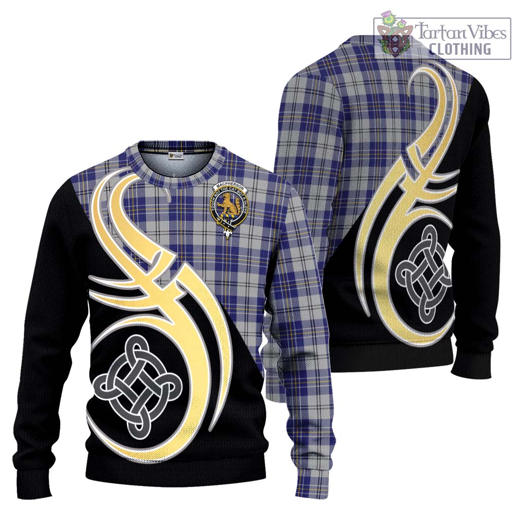 MacPherson Dress Blue Tartan Knitted Sweater with Family Crest and Celtic Symbol Style Unisex - Tartan Vibes Clothing