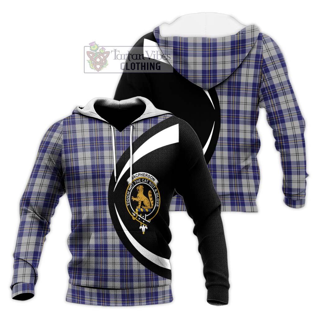 MacPherson Dress Blue Tartan Knitted Hoodie with Family Crest Circle Style Unisex Knitted Pullover Hoodie - Tartan Vibes Clothing