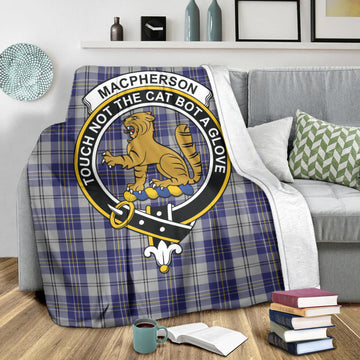 MacPherson Dress Blue Tartan Blanket with Family Crest