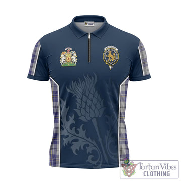 MacPherson Dress Blue Tartan Zipper Polo Shirt with Family Crest and Scottish Thistle Vibes Sport Style