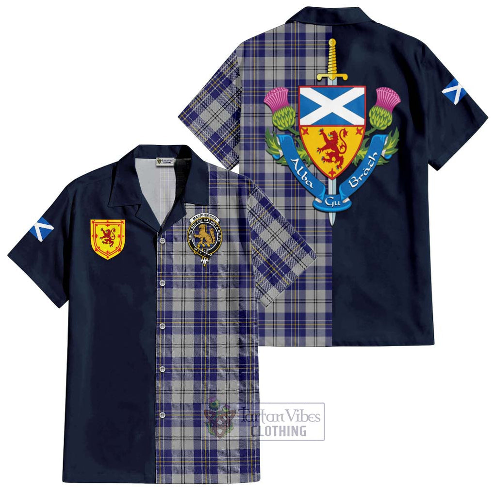 Tartan Vibes Clothing MacPherson Dress Blue Tartan Short Sleeve Button Shirt with Scottish Lion Royal Arm Half Style