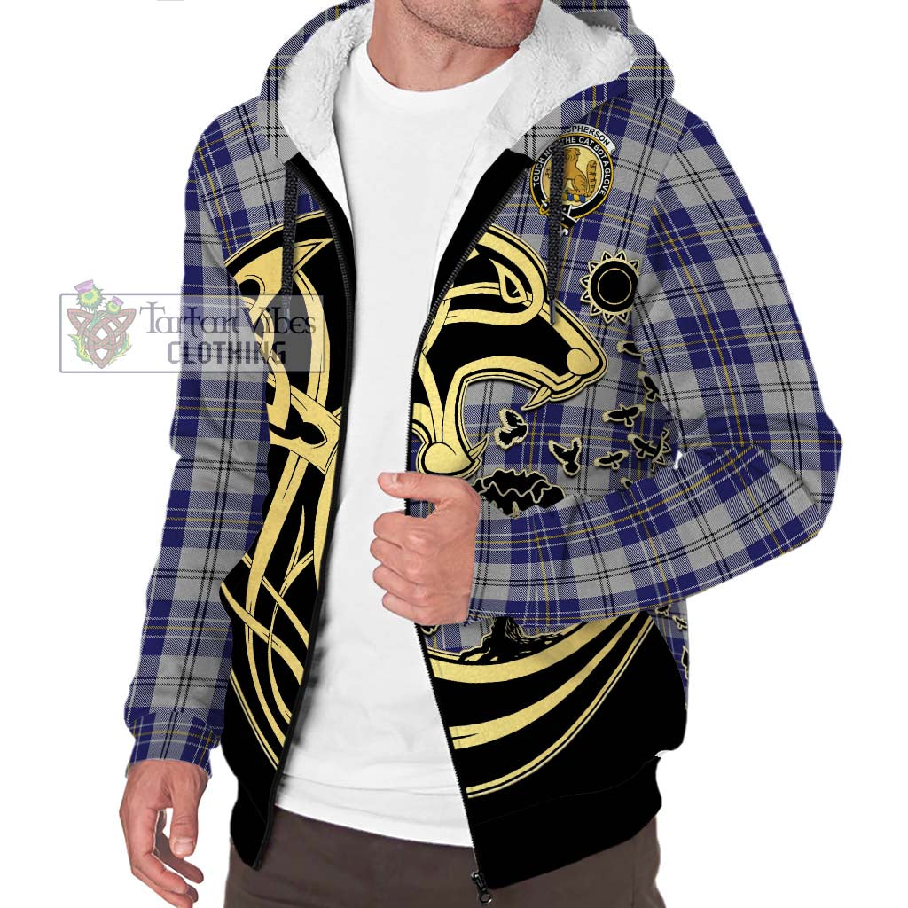 Tartan Vibes Clothing MacPherson Dress Blue Tartan Sherpa Hoodie with Family Crest Celtic Wolf Style