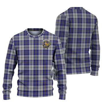 MacPherson Dress Blue Tartan Knitted Sweater with Family Crest