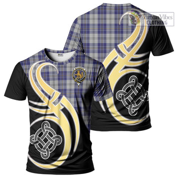 MacPherson Dress Blue Tartan T-Shirt with Family Crest and Celtic Symbol Style