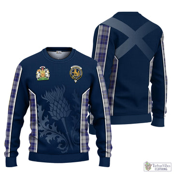 MacPherson Dress Blue Tartan Knitted Sweatshirt with Family Crest and Scottish Thistle Vibes Sport Style