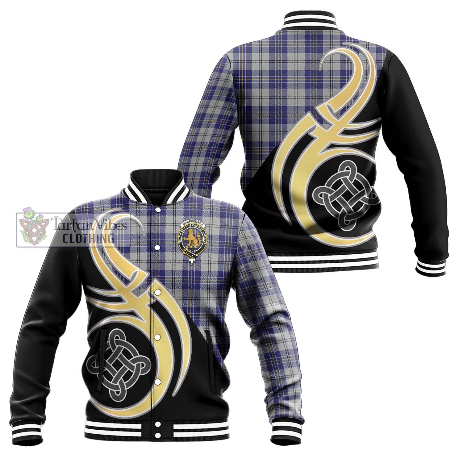 MacPherson Dress Blue Tartan Baseball Jacket with Family Crest and Celtic Symbol Style Unisex - Tartan Vibes Clothing