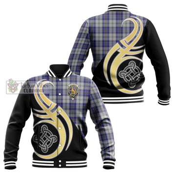 MacPherson Dress Blue Tartan Baseball Jacket with Family Crest and Celtic Symbol Style