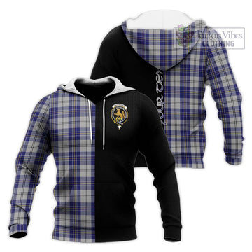 MacPherson Dress Blue Tartan Knitted Hoodie with Family Crest and Half Of Me Style