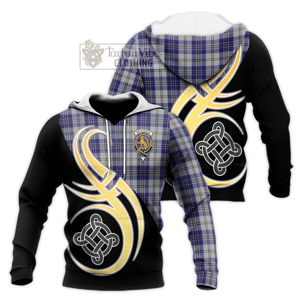 Tartan Vibes Clothing MacPherson Dress Blue Tartan Knitted Hoodie with Family Crest and Celtic Symbol Style