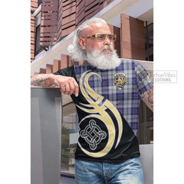 MacPherson Dress Blue Tartan Cotton T-shirt with Family Crest and Celtic Symbol Style