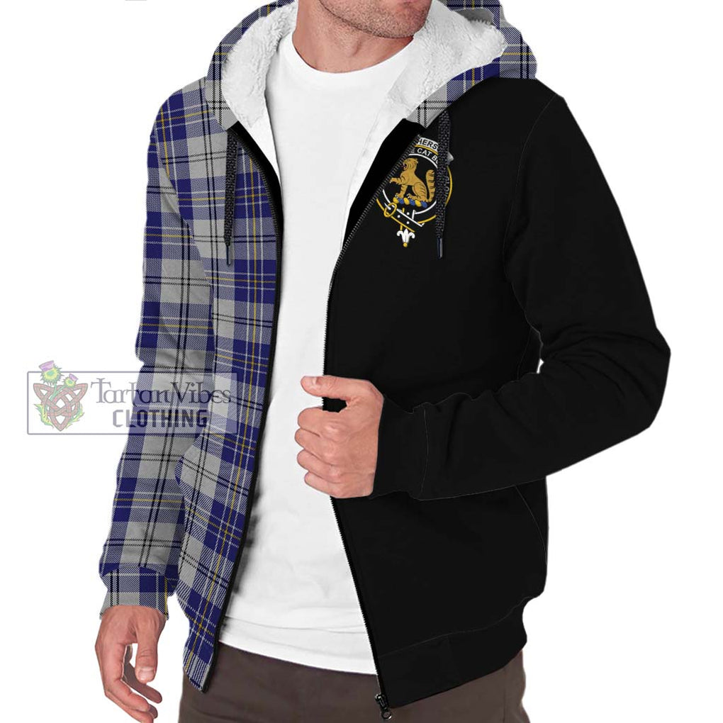 MacPherson Dress Blue Tartan Sherpa Hoodie with Family Crest and Half Of Me Style Unisex S - Tartanvibesclothing Shop