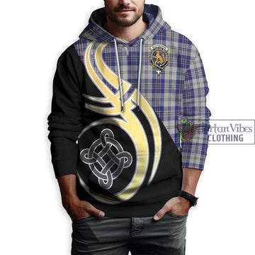 MacPherson Dress Blue Tartan Hoodie with Family Crest and Celtic Symbol Style