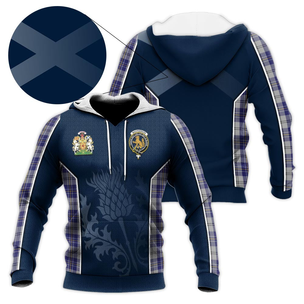 Tartan Vibes Clothing MacPherson Dress Blue Tartan Knitted Hoodie with Family Crest and Scottish Thistle Vibes Sport Style