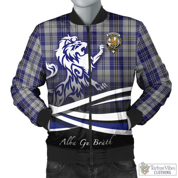 MacPherson Dress Blue Tartan Bomber Jacket with Alba Gu Brath Regal Lion Emblem