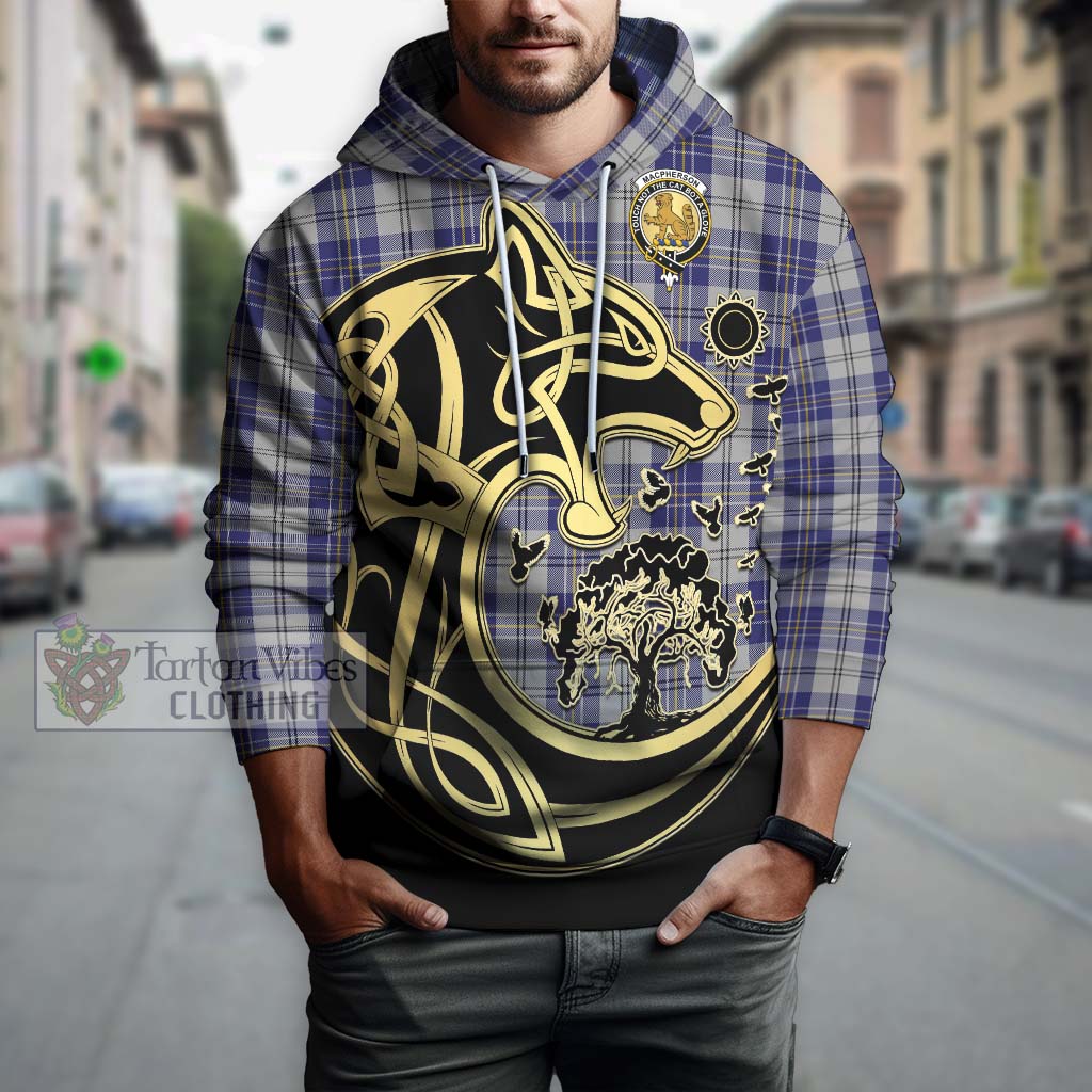 Tartan Vibes Clothing MacPherson Dress Blue Tartan Hoodie with Family Crest Celtic Wolf Style