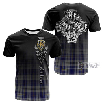 MacPherson Dress Blue Tartan Cotton T-shirt Featuring Alba Gu Brath Family Crest Celtic Inspired