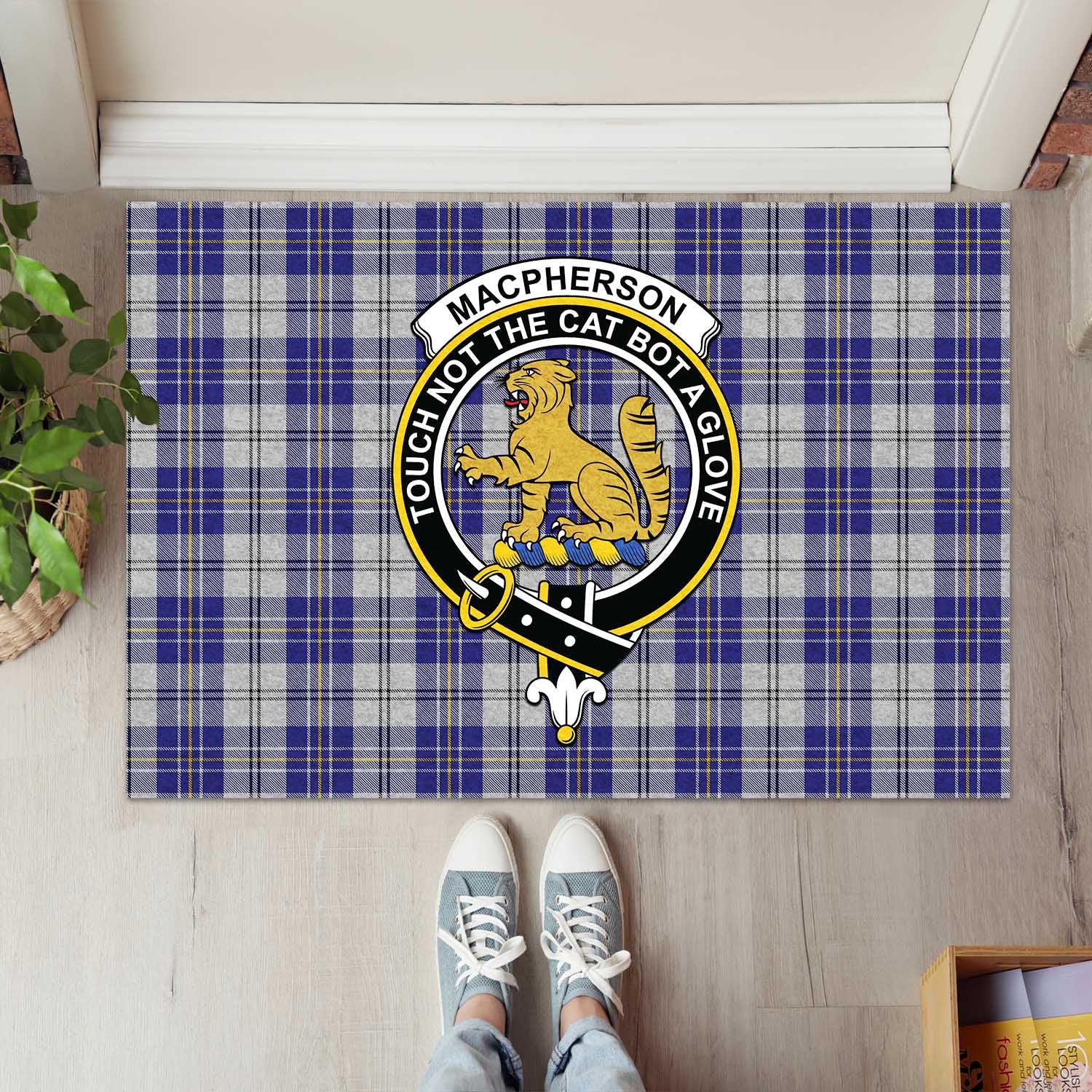 MacPherson Dress Blue Tartan Door Mat with Family Crest - Tartanvibesclothing