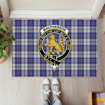 MacPherson Dress Blue Tartan Door Mat with Family Crest