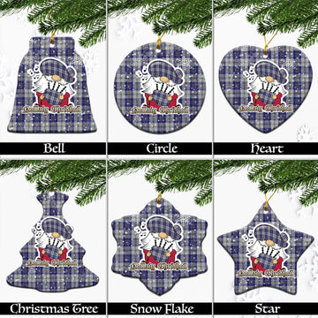 MacPherson Dress Blue Tartan Christmas Ornaments with Scottish Gnome Playing Bagpipes