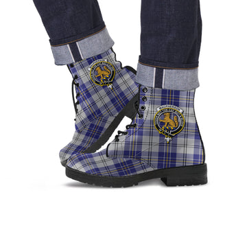 MacPherson Dress Blue Tartan Leather Boots with Family Crest