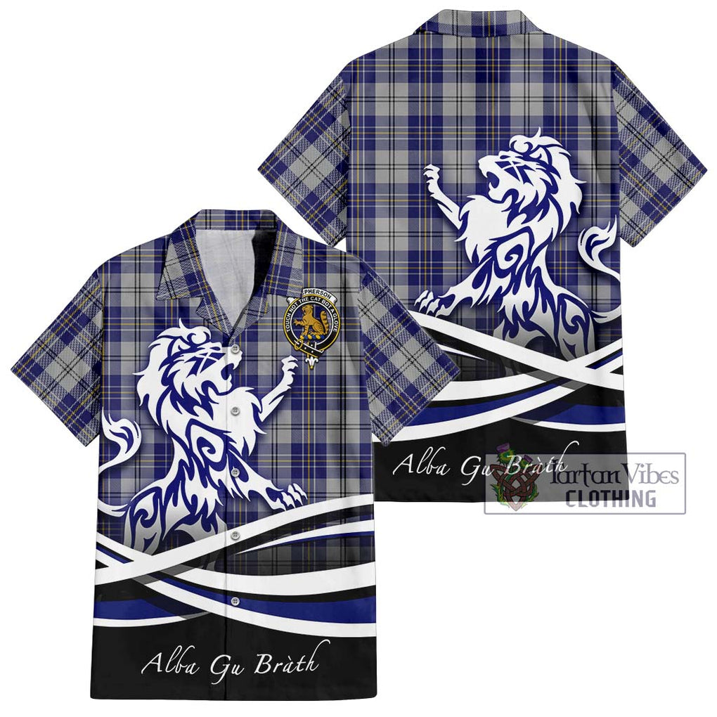 MacPherson Dress Blue Tartan Short Sleeve Button Shirt with Alba Gu Brath Regal Lion Emblem Kid - Tartanvibesclothing Shop