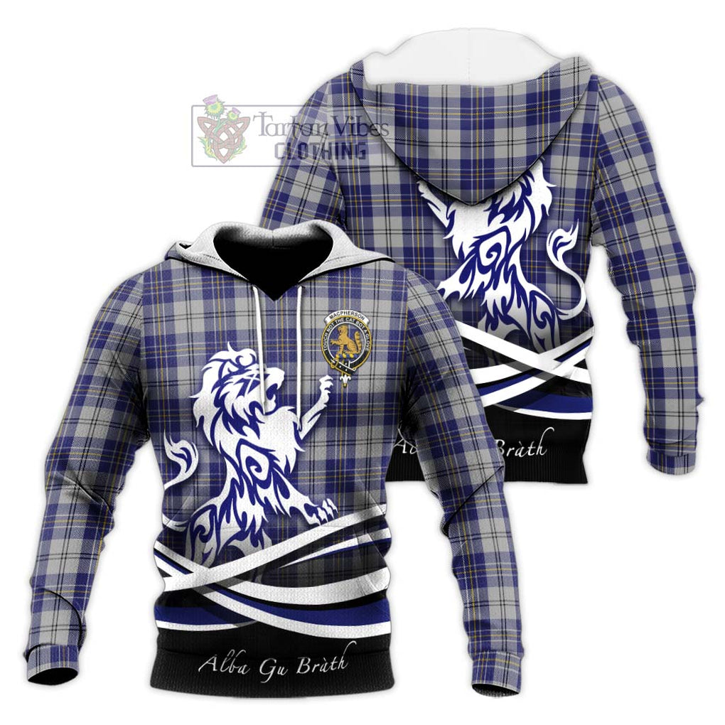 MacPherson Dress Blue Tartan Knitted Hoodie with Alba Gu Brath Regal Lion Emblem Unisex Knitted Pullover Hoodie - Tartanvibesclothing Shop