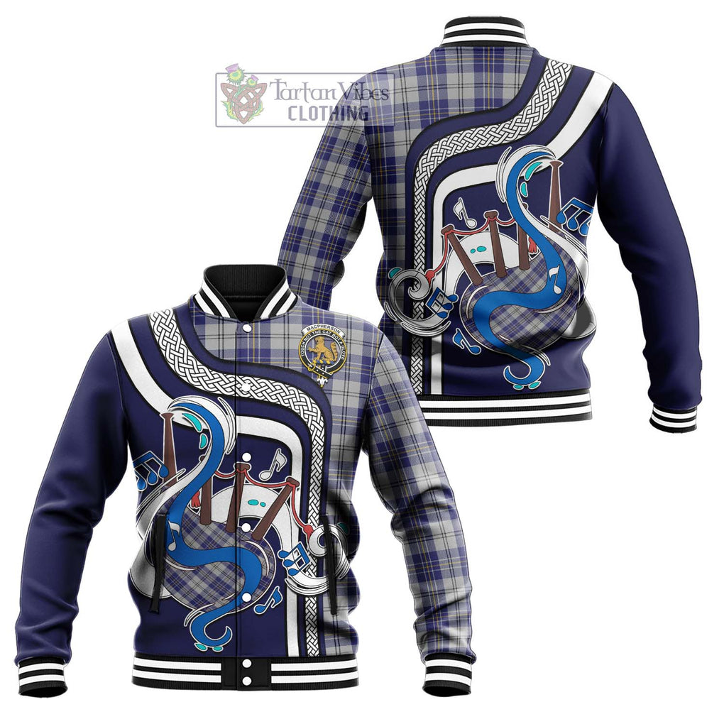 Tartan Vibes Clothing MacPherson Dress Blue Tartan Baseball Jacket with Epic Bagpipe Style