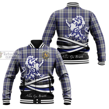 MacPherson Dress Blue Tartan Baseball Jacket with Alba Gu Brath Regal Lion Emblem